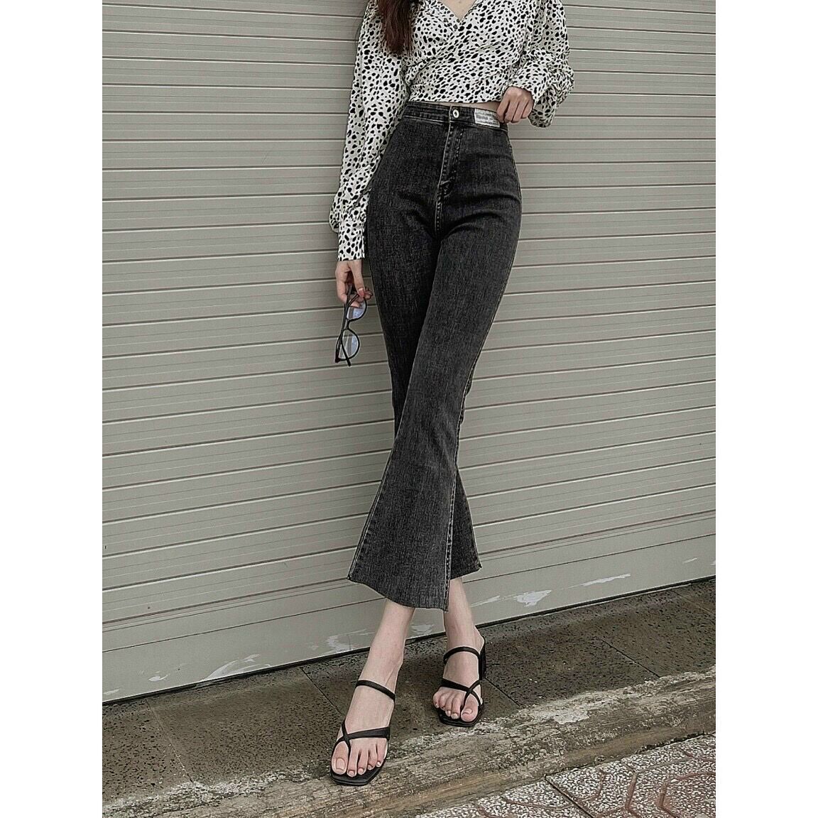 Quần jeans ống loe nữ co giãn lưng cao 9 tấc 4 màu Cuahangjeans