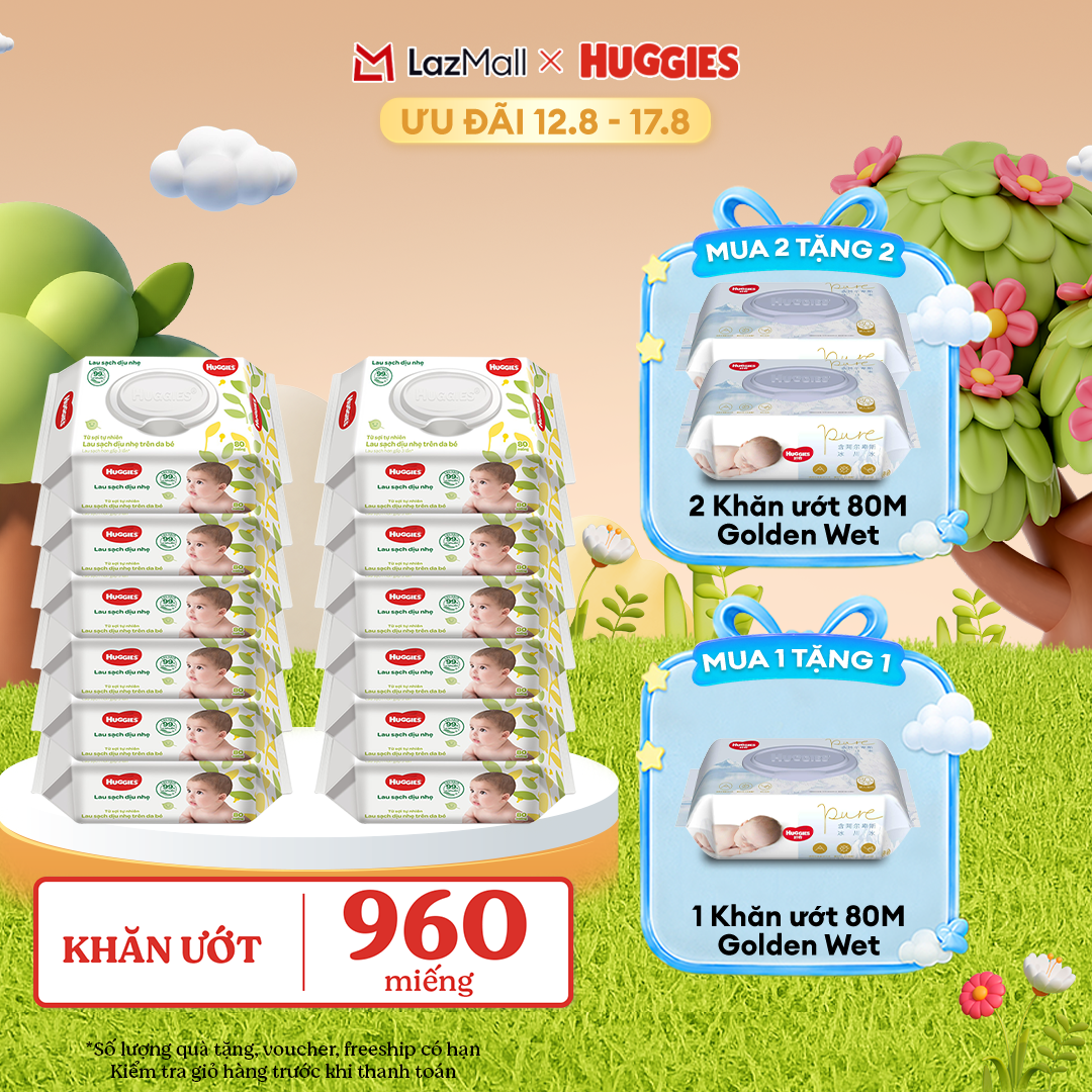 [12-17.08 GIẢM THÊM 90K] Thùng khăn giấy ướt 12 gói Huggies 80 miếng không mùi
