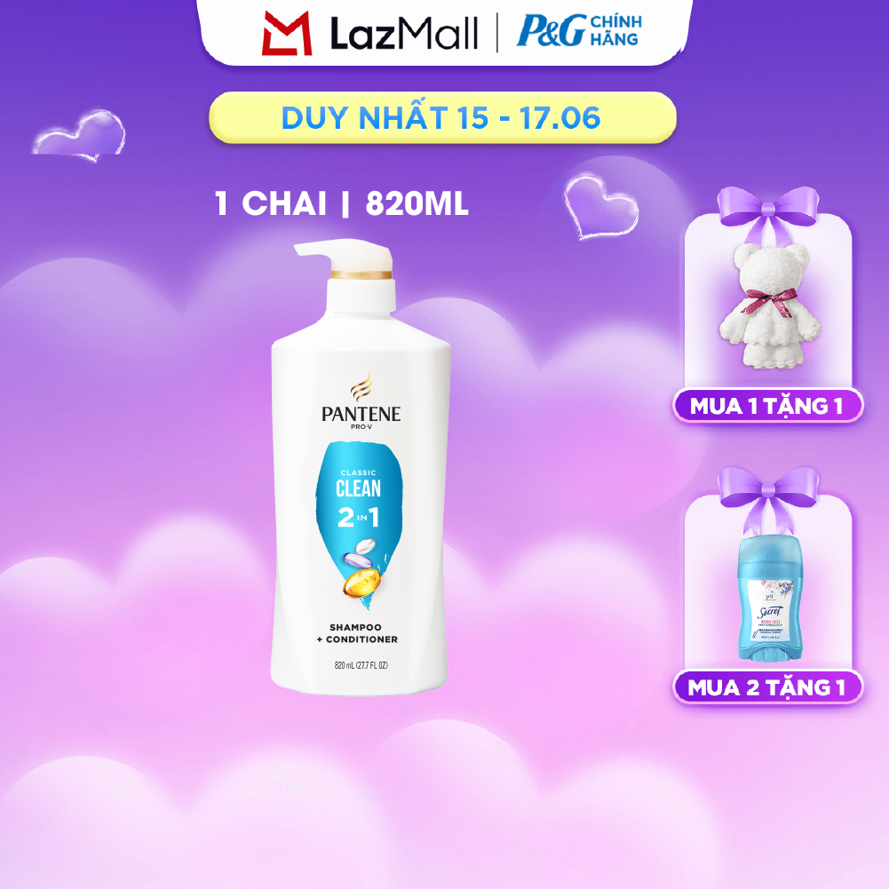 Dầu Gội Xả PANTENE Nhập Khẩu Mỹ 2IN1 Hương Classic Clean Chai 820ML