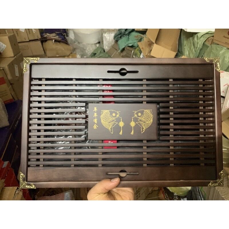 Khay Gỗ Ấm Chén Bọc Viền Đồng 43x28x5.5