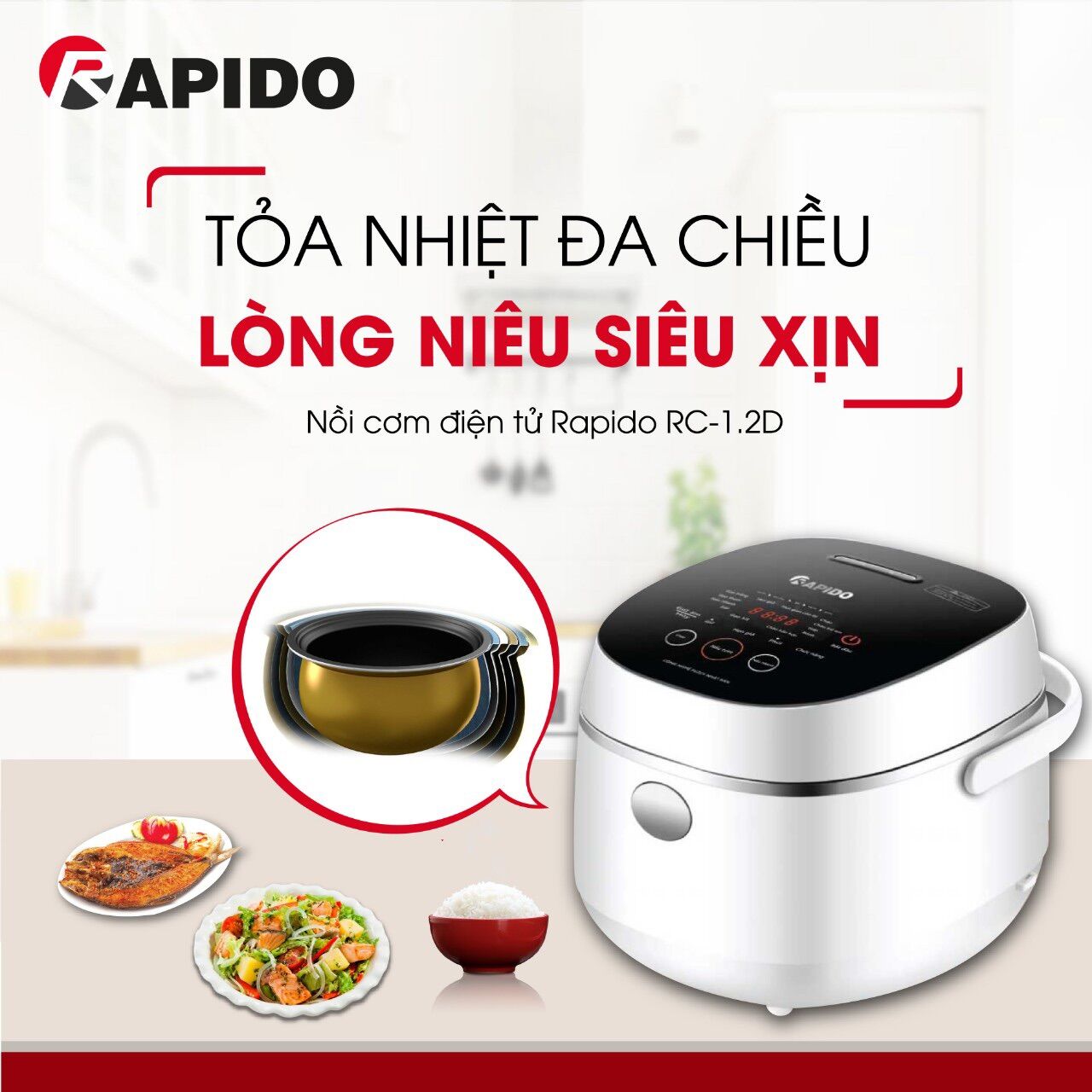 Nồi cơm điện tử đa năng Rapido 1.2L mã RC1.2D. Hàng chính hãng, bảo hành 12 tháng
