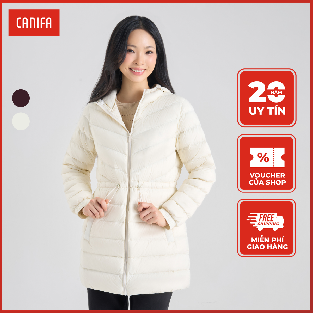   25-29.12 GIẢM TỚI 50%  Áo khoác lông vũ nữ CANIFA dáng dài có mũ siêu nhẹ giữ ấm 6OT24W010 