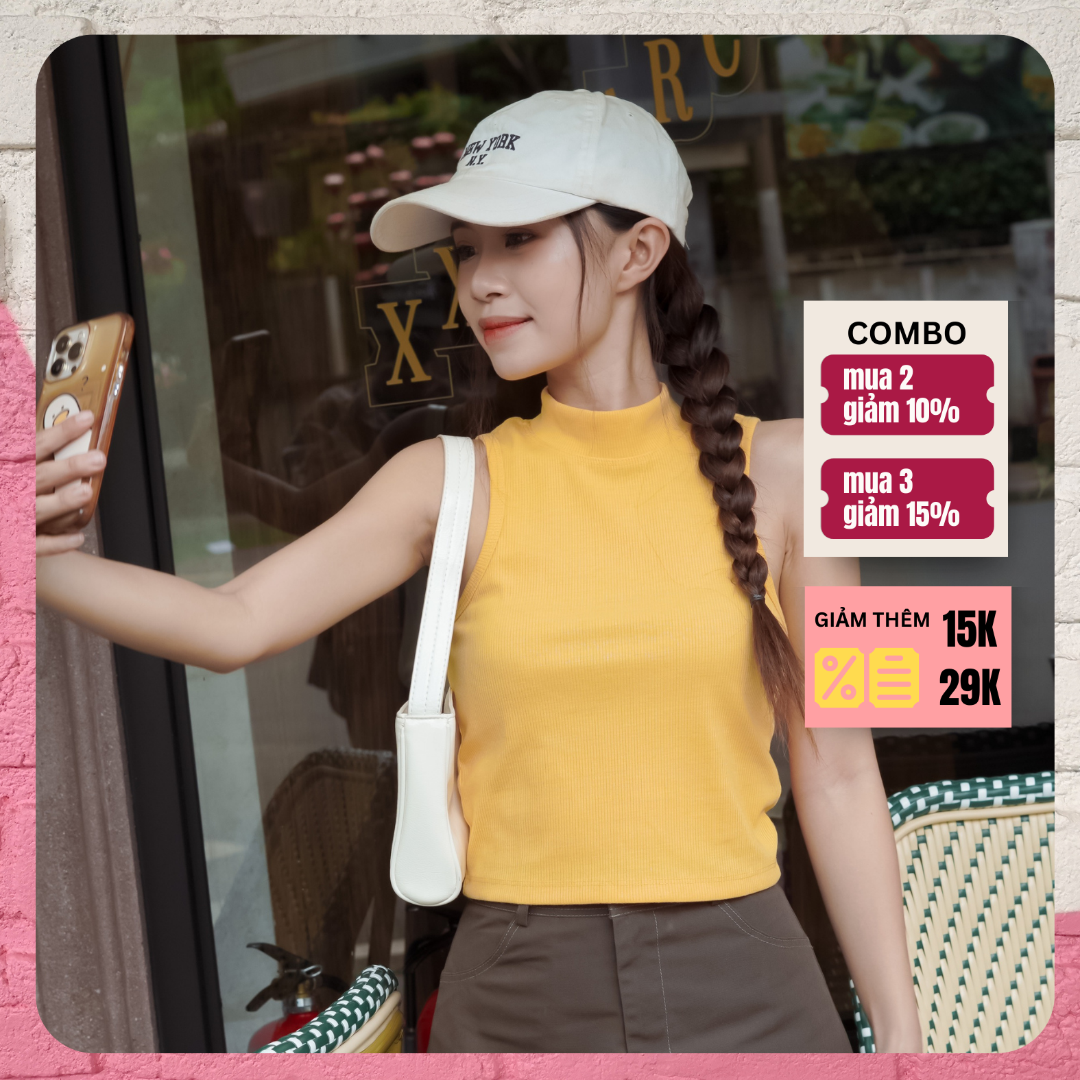Áo thun gân cotton ba lỗ cổ lọ
