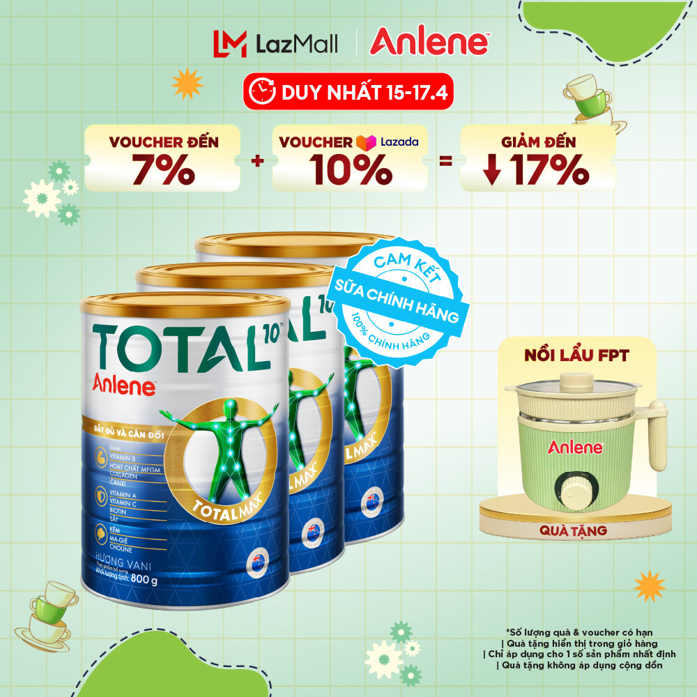 [Voucher giảm đến 26%]Combo 3 Sữa Bột Bổ Sung Dinh Dưỡng Anlene Total 10 Lon 800G