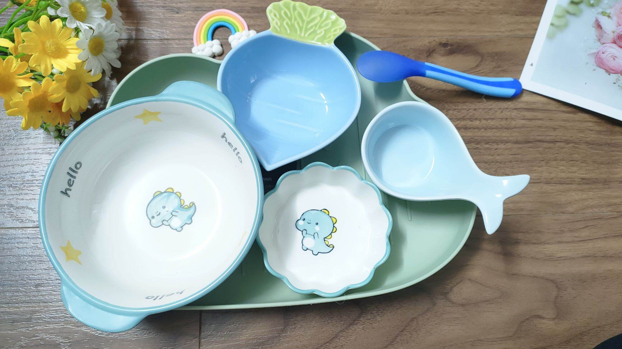 Set bát sứ ăn dặm Nhật màu xanh cao cấp kèm khay mây cho bé ạ