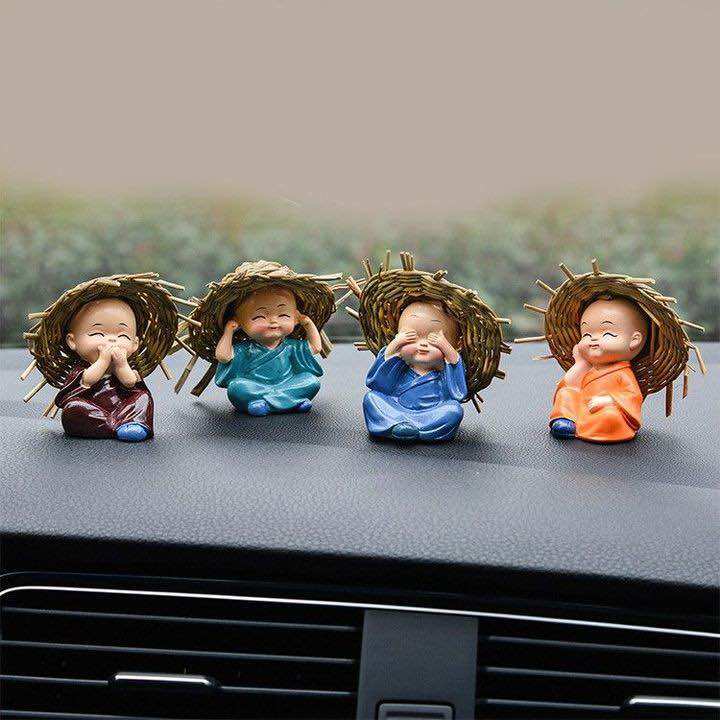 Bộ tượng bốn Chú Tiểu Tứ Không mini đội nón rơm dễ thương