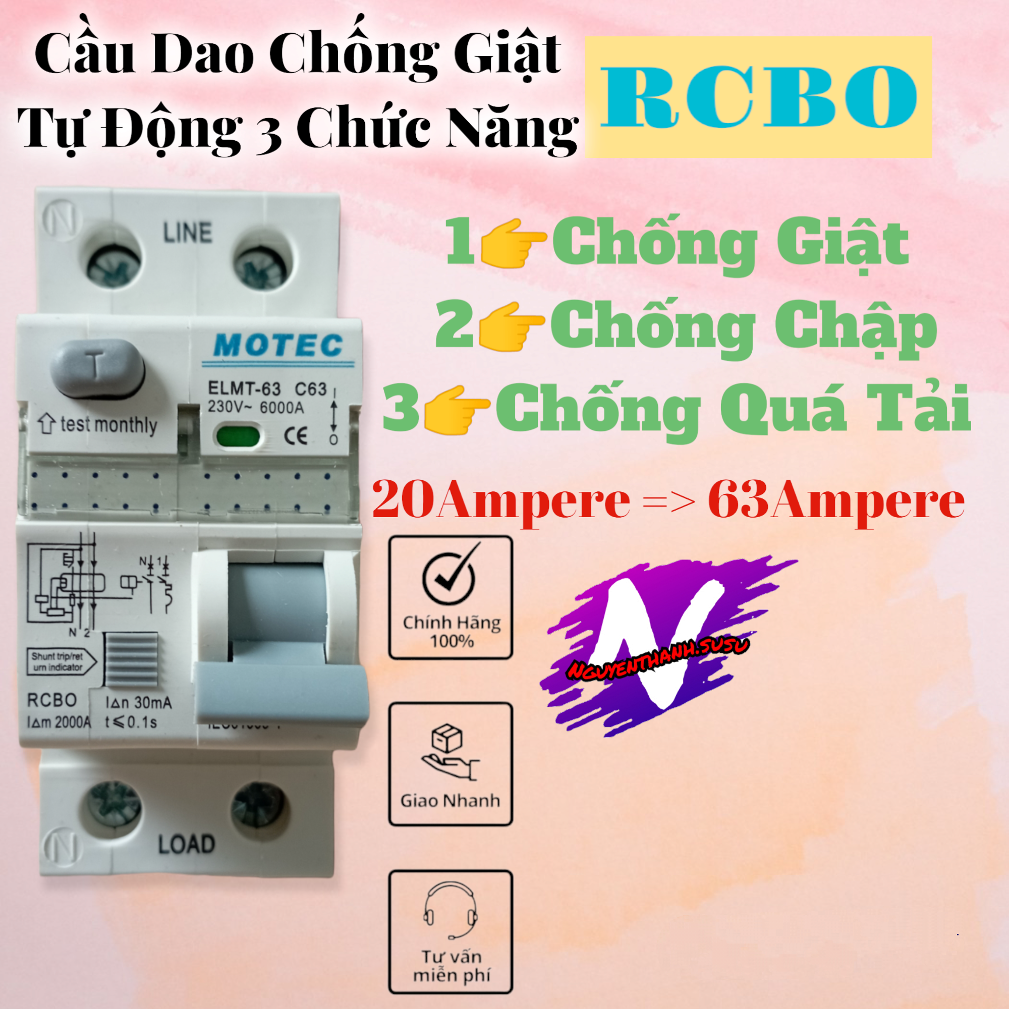 Cầu dao chống giật motec, cb chống giật motec, aptomat chống giật motec rcbo)