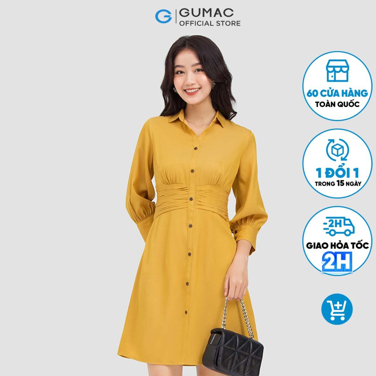 Đầm sơ mi nữ GUMAC DC06011 nhún eo