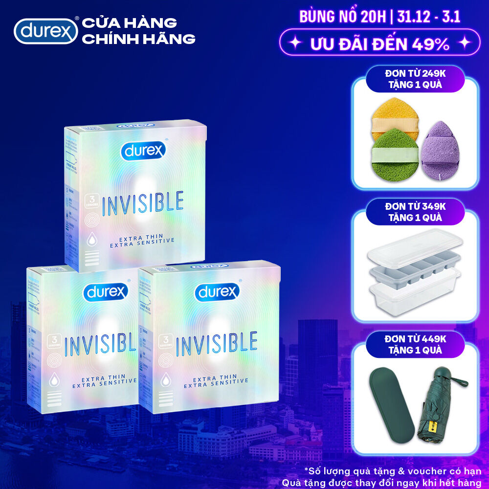 Bộ 3 hộp bao cao su Durex Invisible Extra Thin Extra Sensitive siêu mỏng size 52mm 3 bao hộp