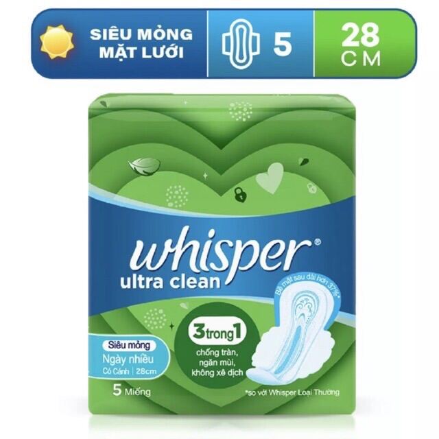 Băng vệ sinh Whisper Siêu Mỏng Cánh 28cm Cho Ngày Nhiều & Đêm