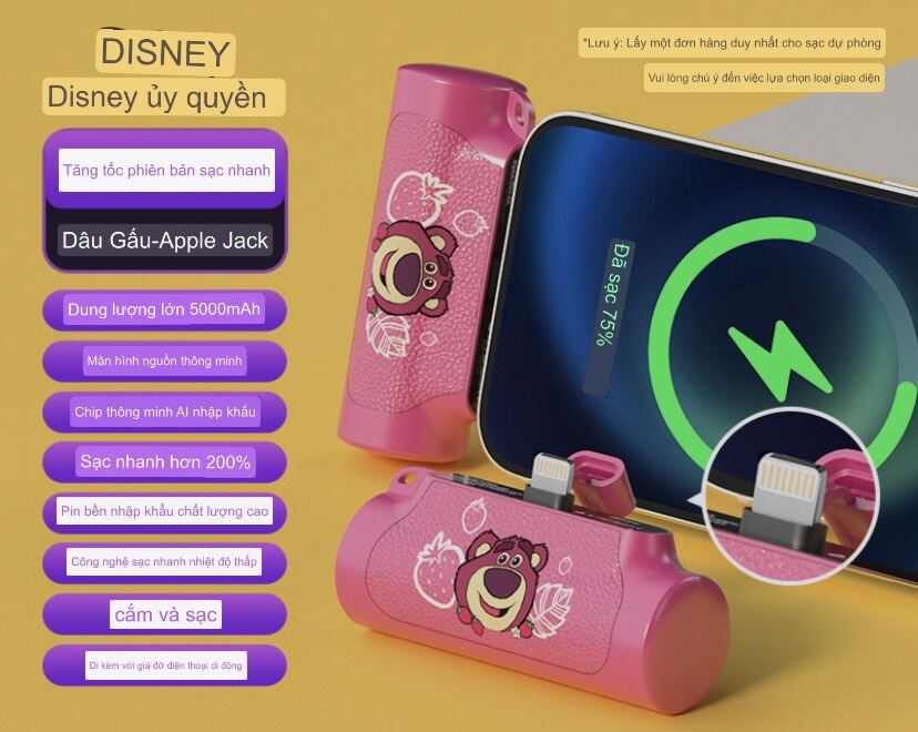 Sạc dự phòng iPhone mini cầm tay 5000mAh chính hãng Disney