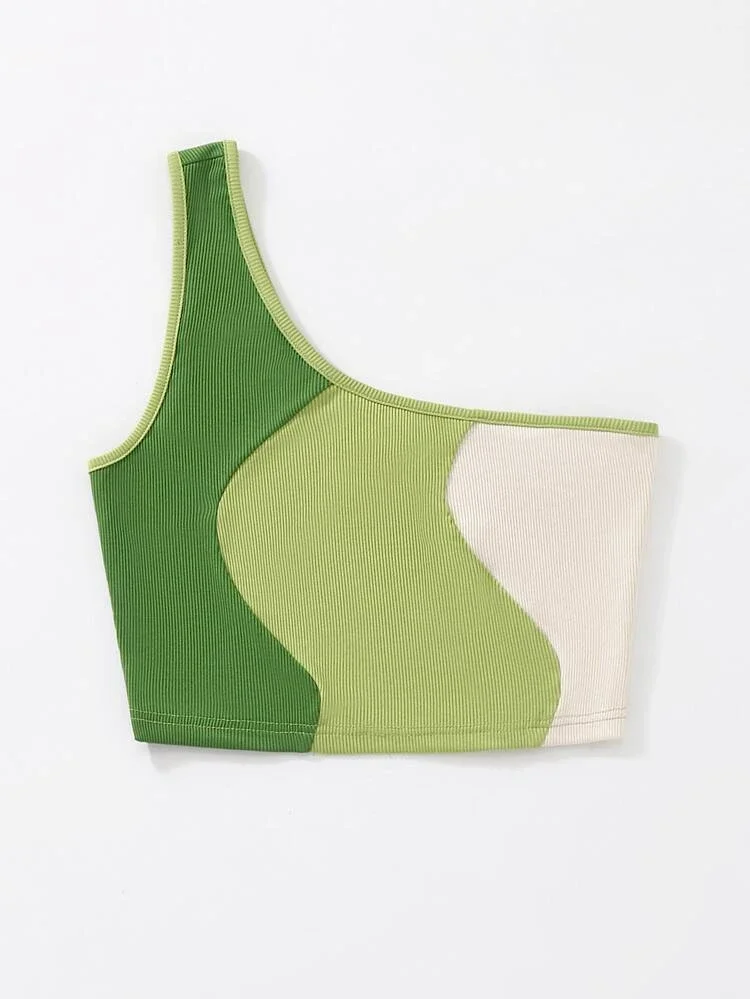 Áo croptop XANH lệch vai phối 3 màu ( 271710 )