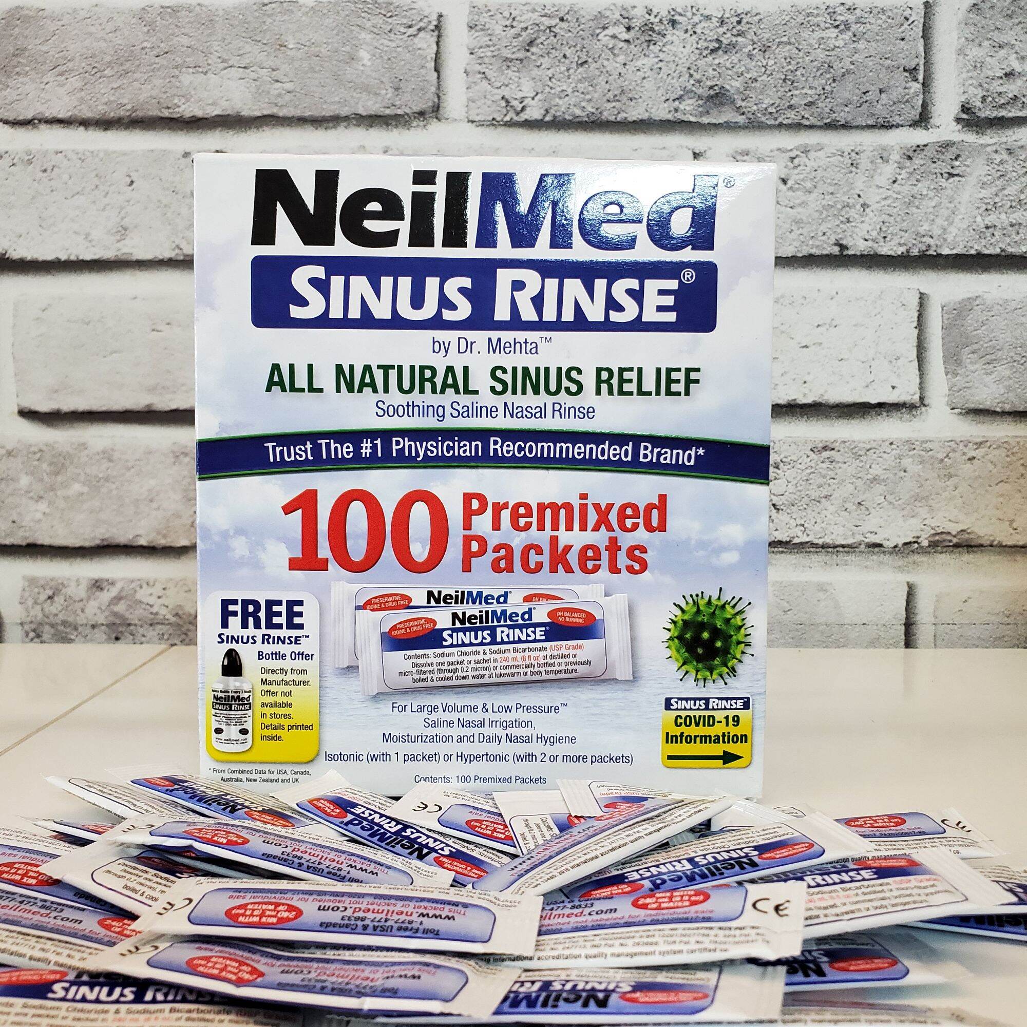 Hộp 100 gói muối rửa mũi, xoang, họng Neilmed của Mỹ