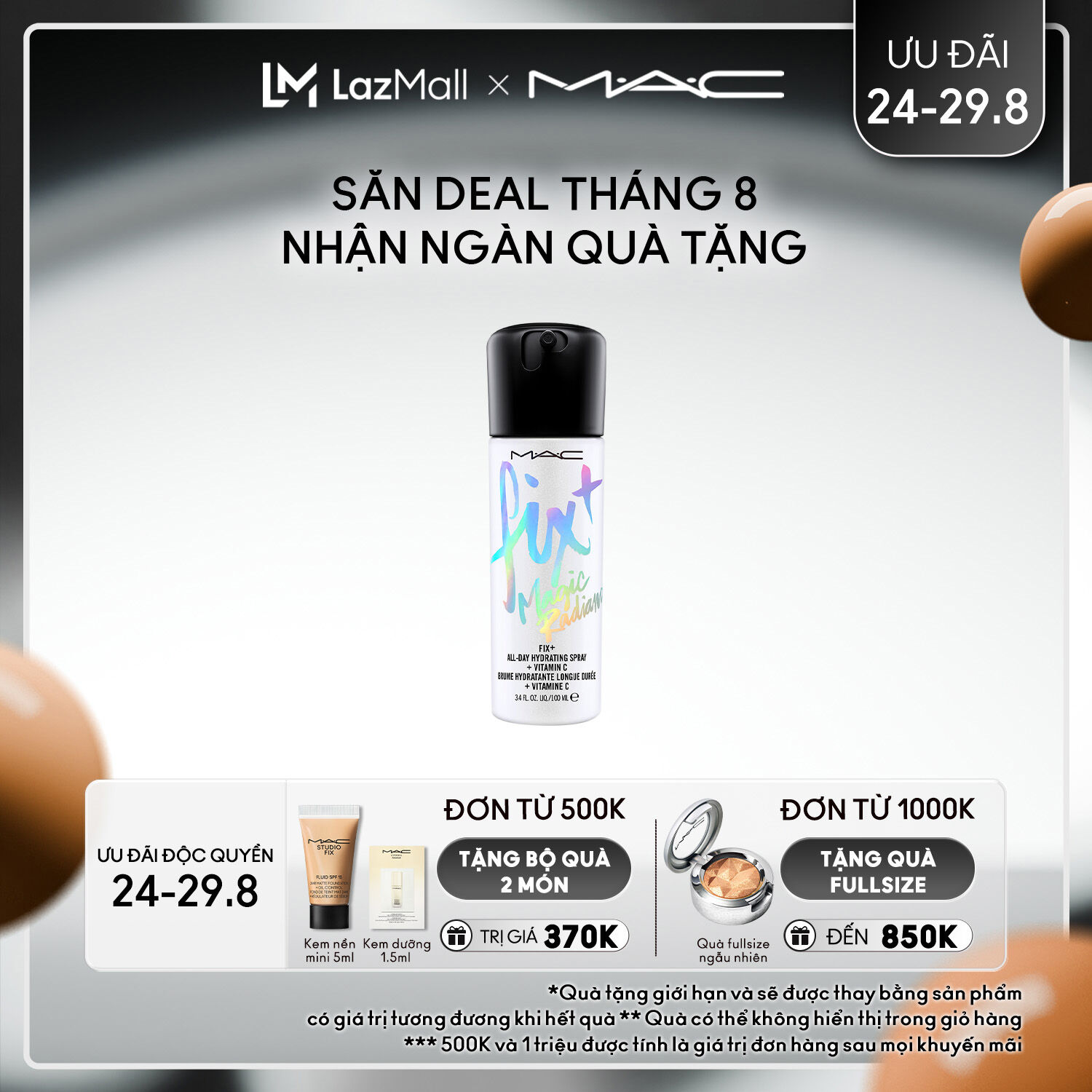 [ƯU ĐÃI 24-29.8] Xịt khóa MAC Fix+ Magic Radiance 100ml / Phấn phủ cố định trang điểm - dưỡng chất, cấp ẩm, chứa Vitamin C và Hyaluronic Acid - Xịt khóa lớp trang điểm bán chạy