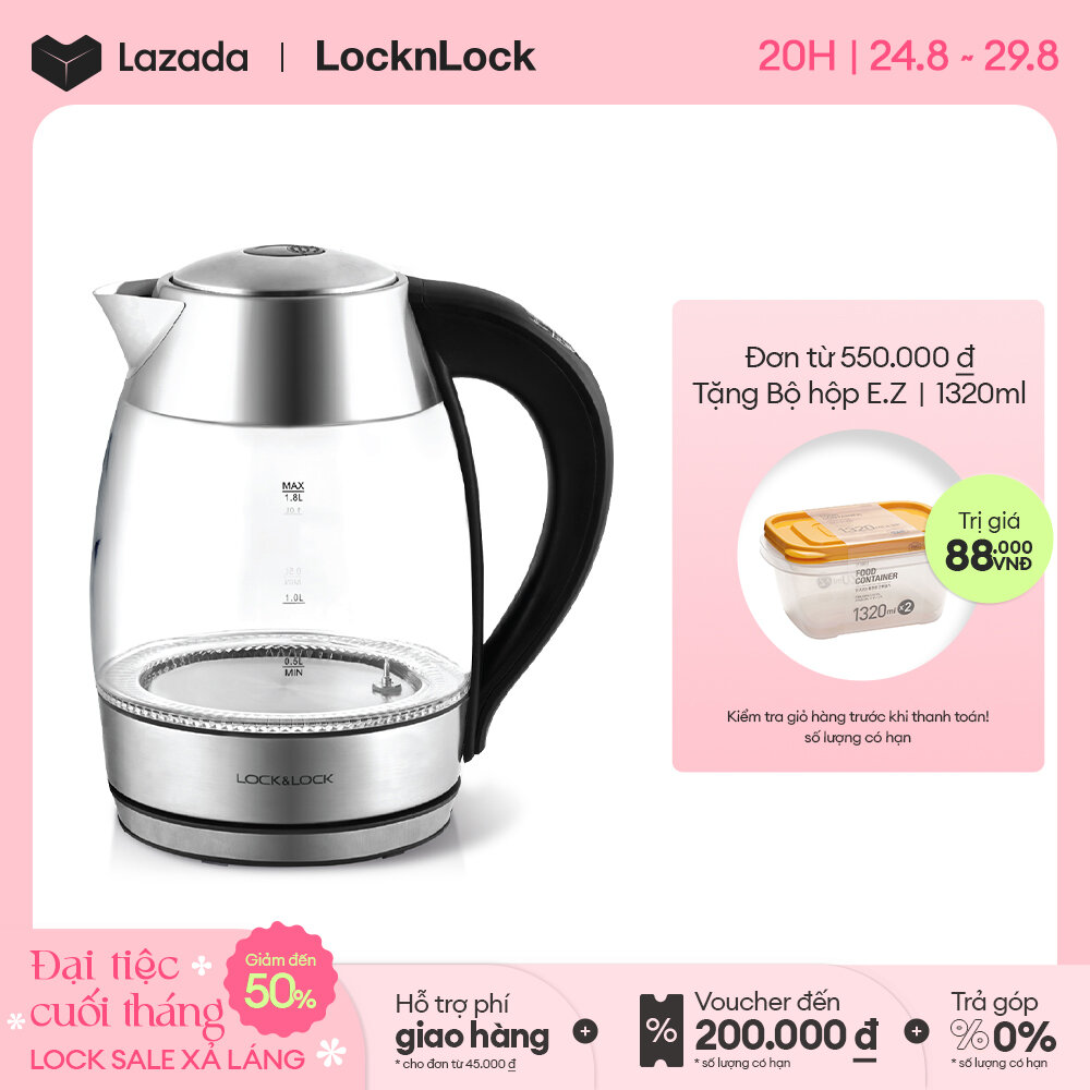 Ejk418slv - ấm siêu tốc thủy tinh lock&lock 1.8l 1850w - tích hợp đèn led, tay cầm cách nhiệt - hàng chính hãng - bảo hành 2 năm