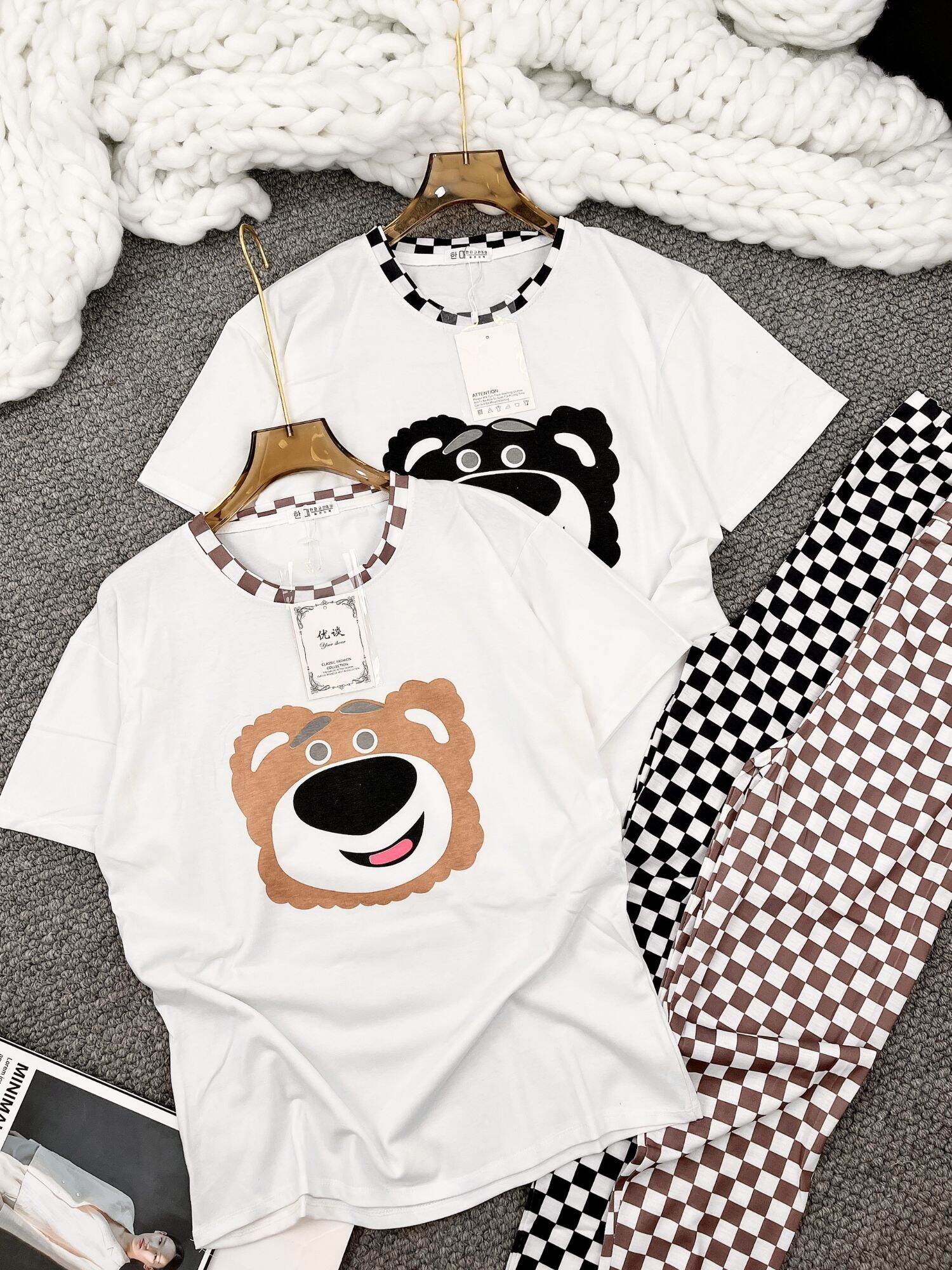 Sét bộ gấu pooh phối quần kẻ legging.