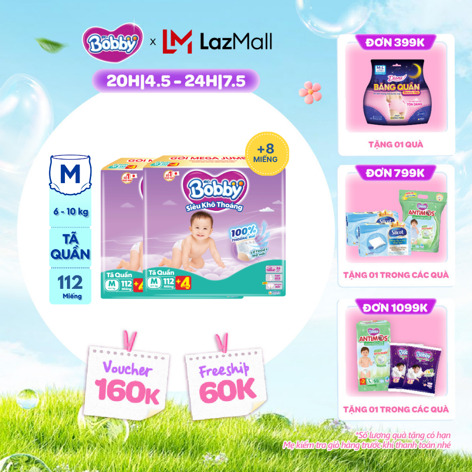 [CHỈ 20h 04-07.05 QT Đơn 899K/1199K][TẶNG MIẾNG NGẪU NHIÊN] Combo 2 Tã/bỉm quần Bobby 3mm Mega Jumbo Gạo non Giảm nhiệt M112