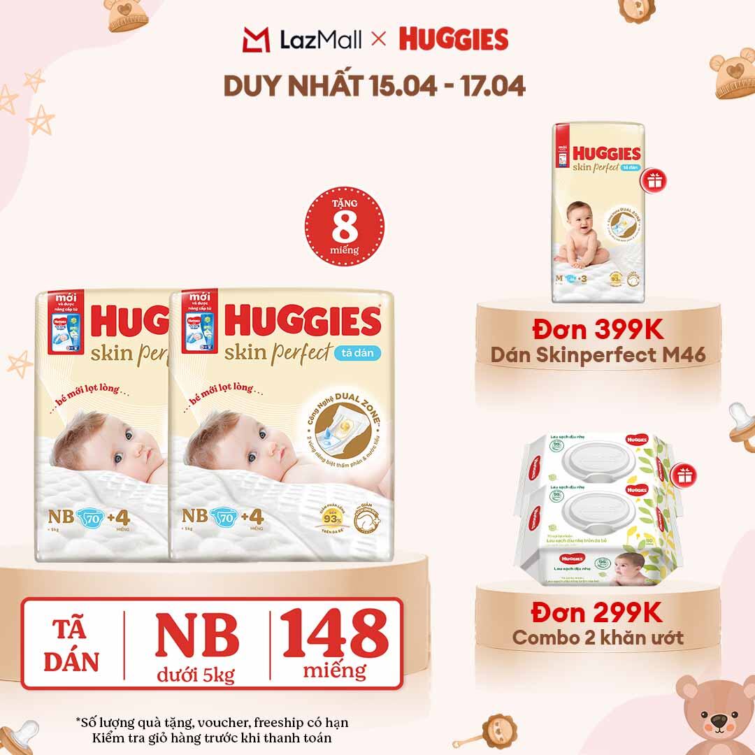 [CHỈ 18-24.04 QUÀ TẶNG ĐƠN 0Đ]  Combo 2 Tã/bỉm dán sơ sinh Huggies Skin Perfect NB70 với 2 vùng thấm giảm kích ứng da (tặng miếng thay đổi theo từng đợt)
