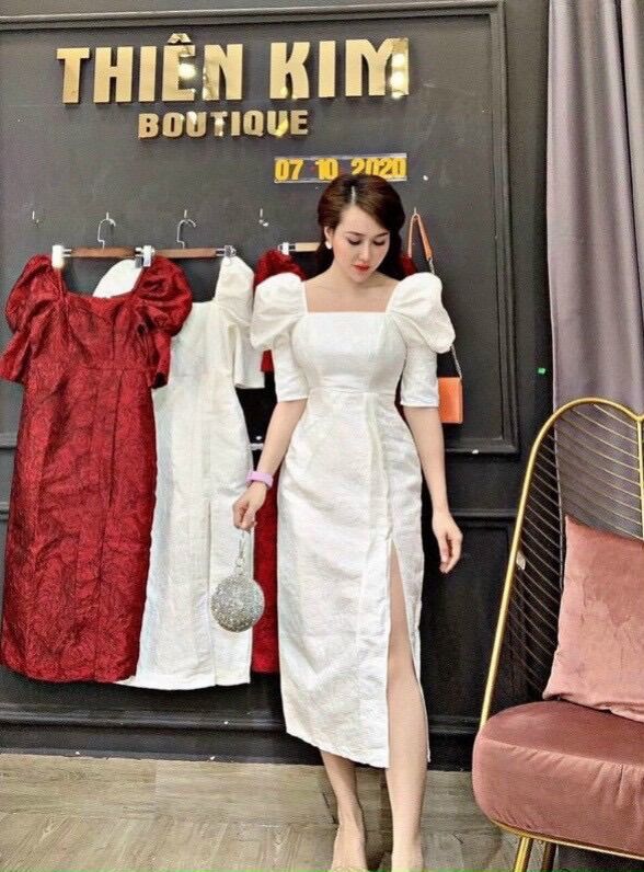 Đầm gấm cao câp xẻ tà