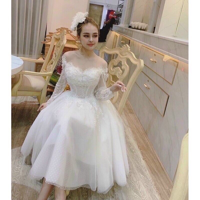 Đầm xoè lưới trắng tay dài, freesize
