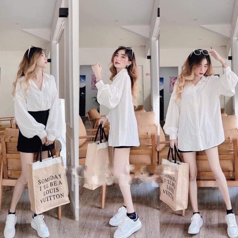 Áo sơ mi trắng nữ tay phồng form rộng