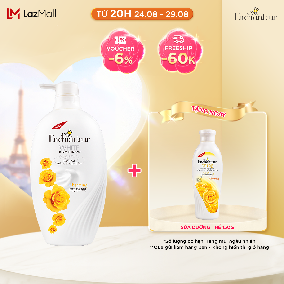 Sữa tắm trắng và dưỡng ẩm Enchanteur Charming 650g + Tặng Sữa dưỡng thể mềm mịn da Charming