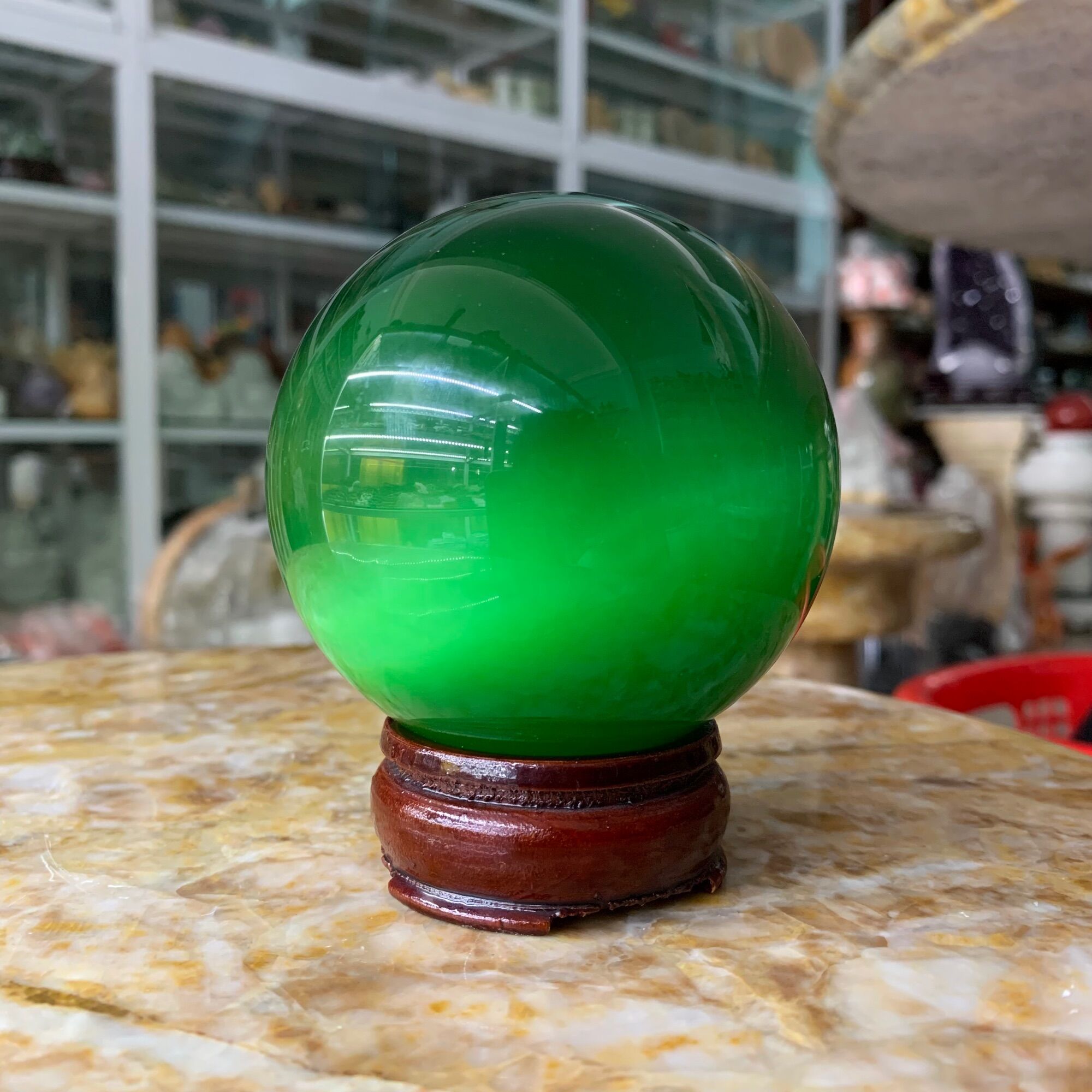 Quả Bi Cầu Phong Thuỷ Màu Xanh Đá Mắt Mèo Có Tặng Kèm Đế - đường kính 8cm