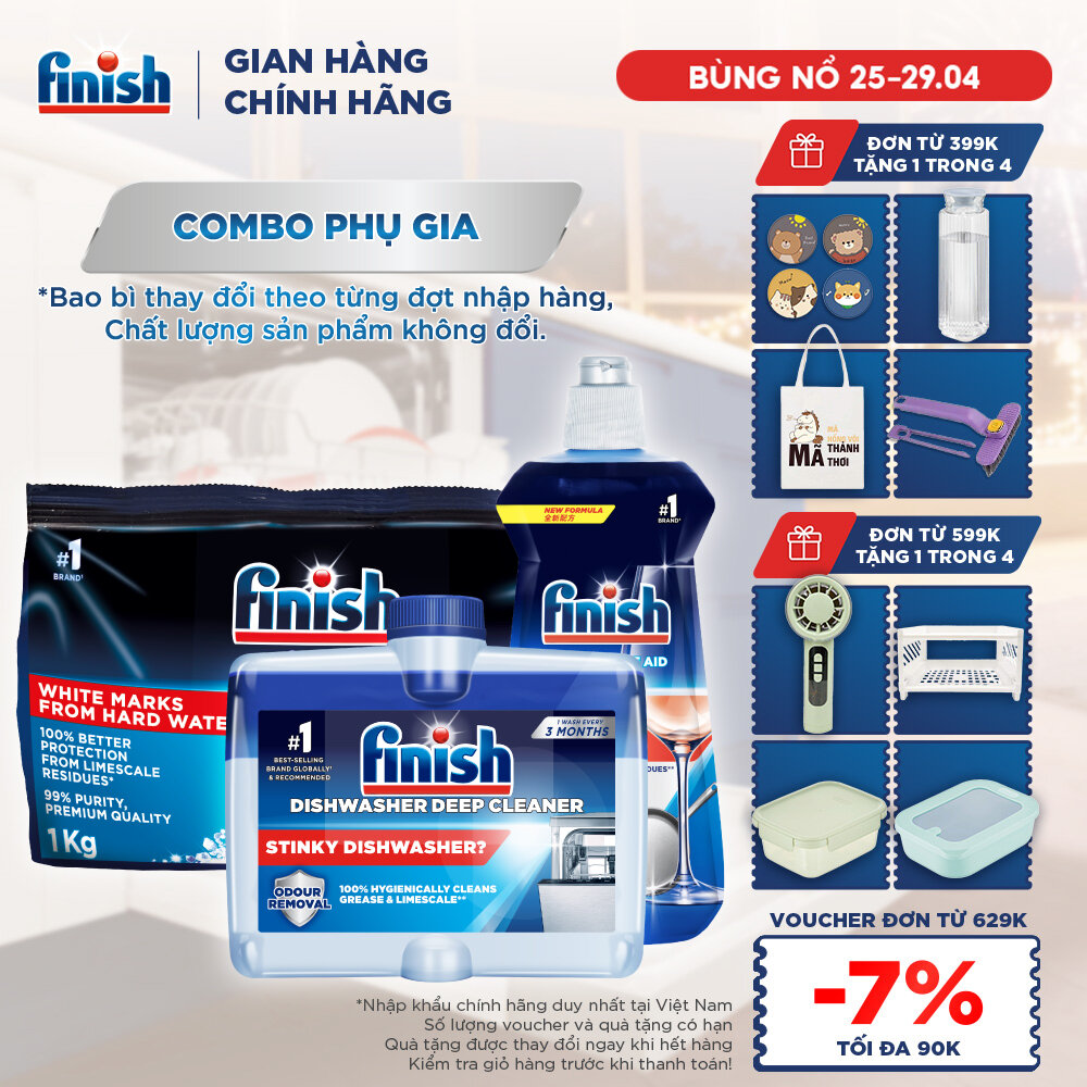 [LIVESTREAM] Combo phụ gia Finish : Nước làm bóng 500ml + Dung dịch vệ sinh máy 250ml + Muối rửa chén bát
