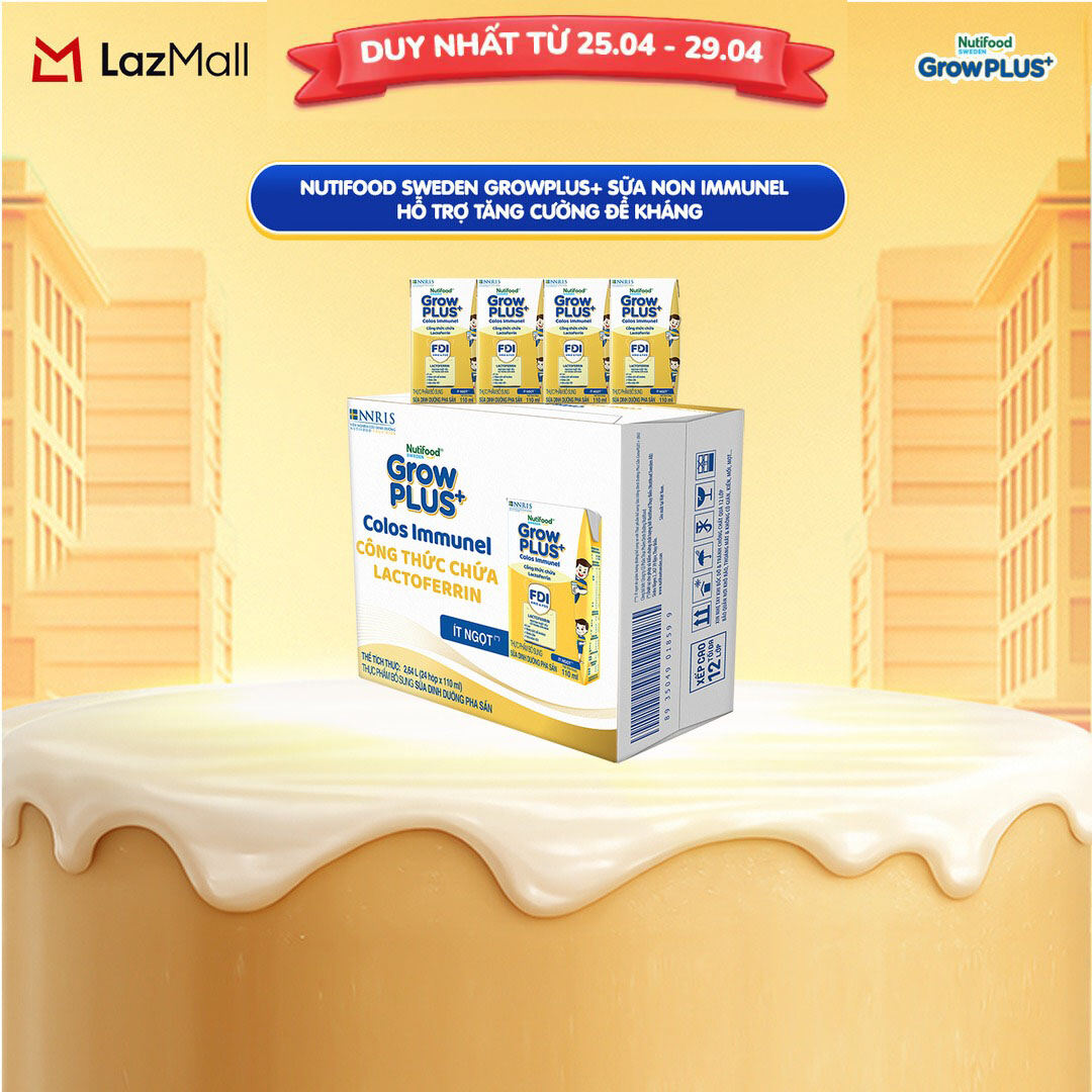 Thùng 24 Hộp Sữa Bột Pha Sẵn Nutifood Sweden GrowPLUS+ Sữa Non Immunel hộp 110 ml (Bao bì tuỳ lô hàng)