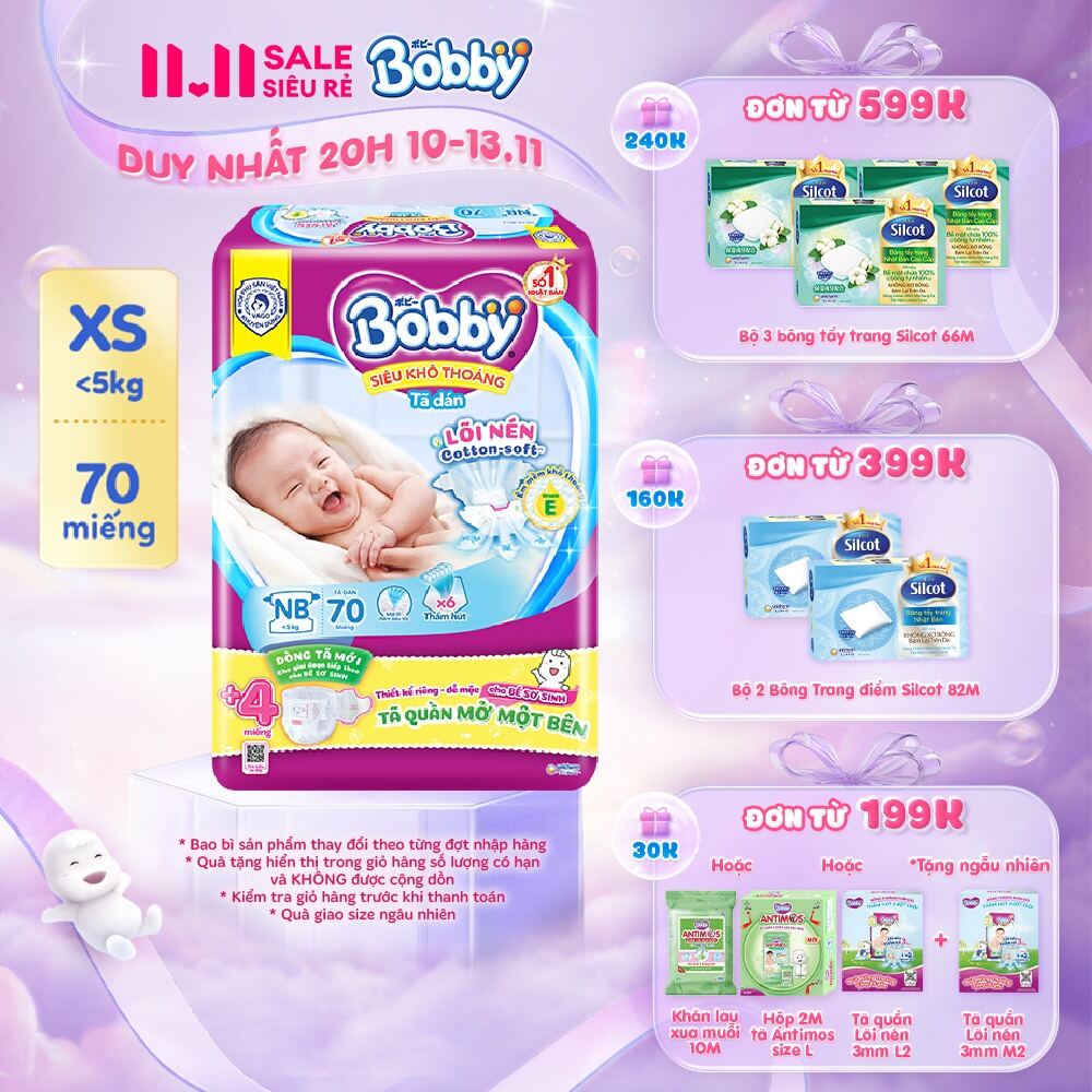 Tã dán sơ sinh Bobby Lõi nén Cotton-Soft 3mm 70 miếng (Tặng thêm 4 miếng Tã Quần Mở Một Bên)