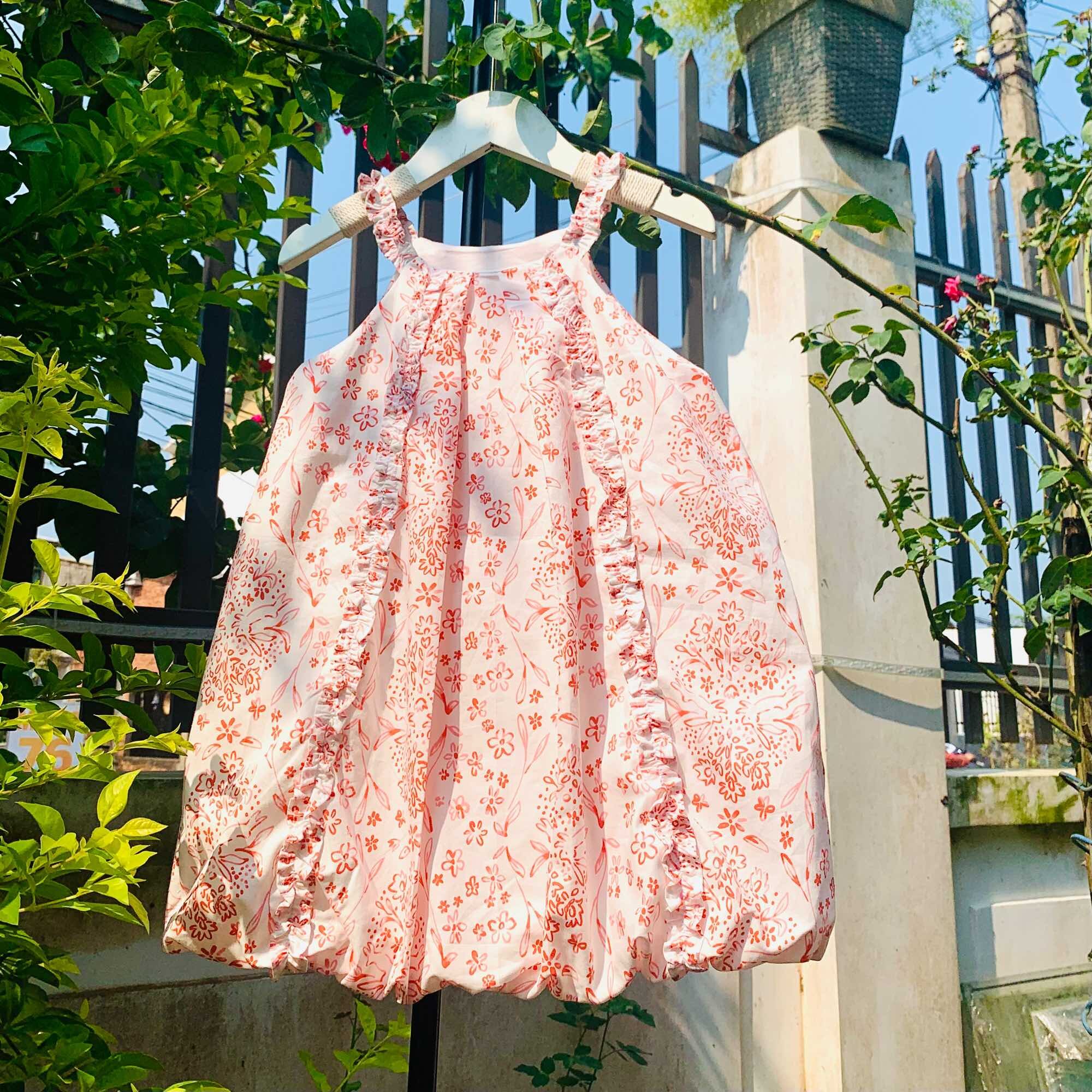 Đầm cho bé gái form bí, chất thô cotton mềm mát, 2 màu nhí đỏ và chấm bi đỏ