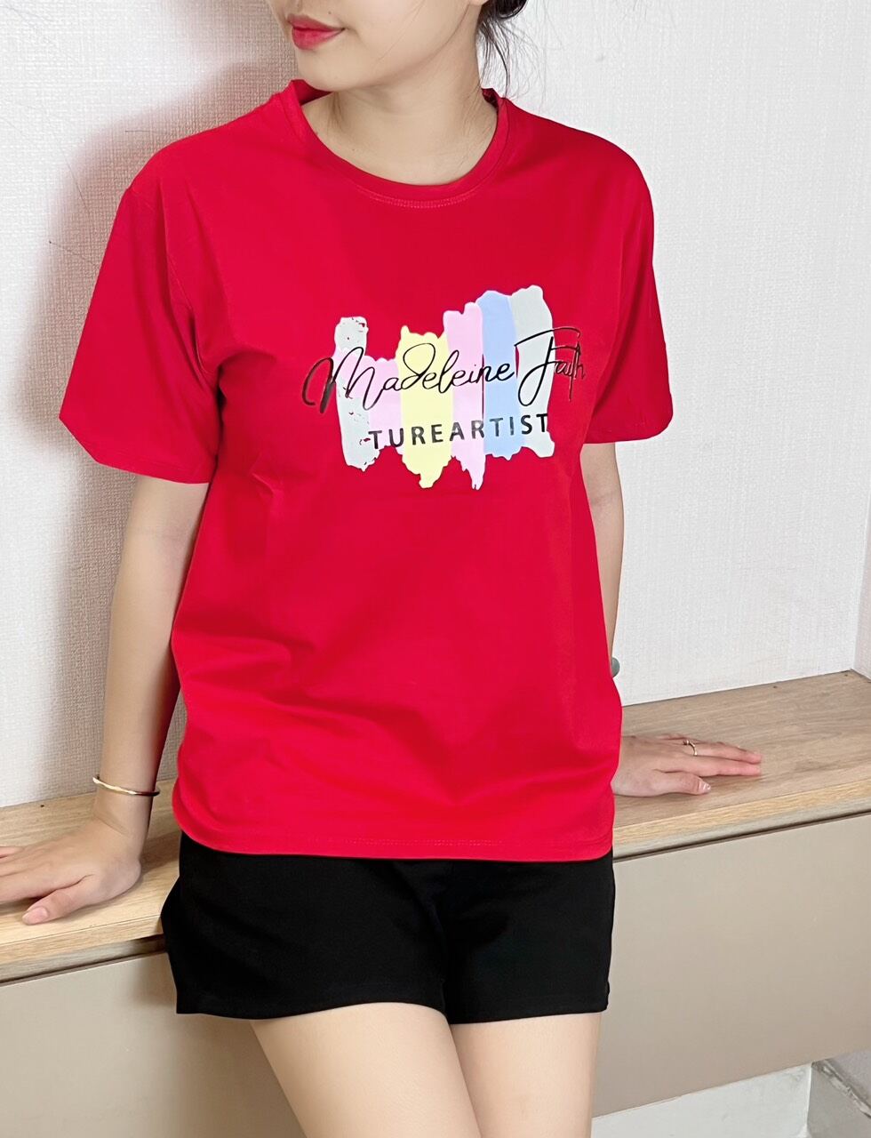 Áo thun nữ, áo phông form vừa, chất thun thái, cotton 100, mẫu A08 màu đỏ