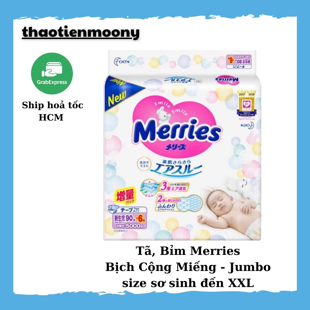[Size bịch Cộng Miếng - Jumbo]Tã Bỉm Dán Quần Merries Nội Địa Nhật - Cộng miếng NB96/S88/M68/L50/XL44/XXL28, Jumbo M76/M74/L56 [Ship Grab 2Giờ HCM]