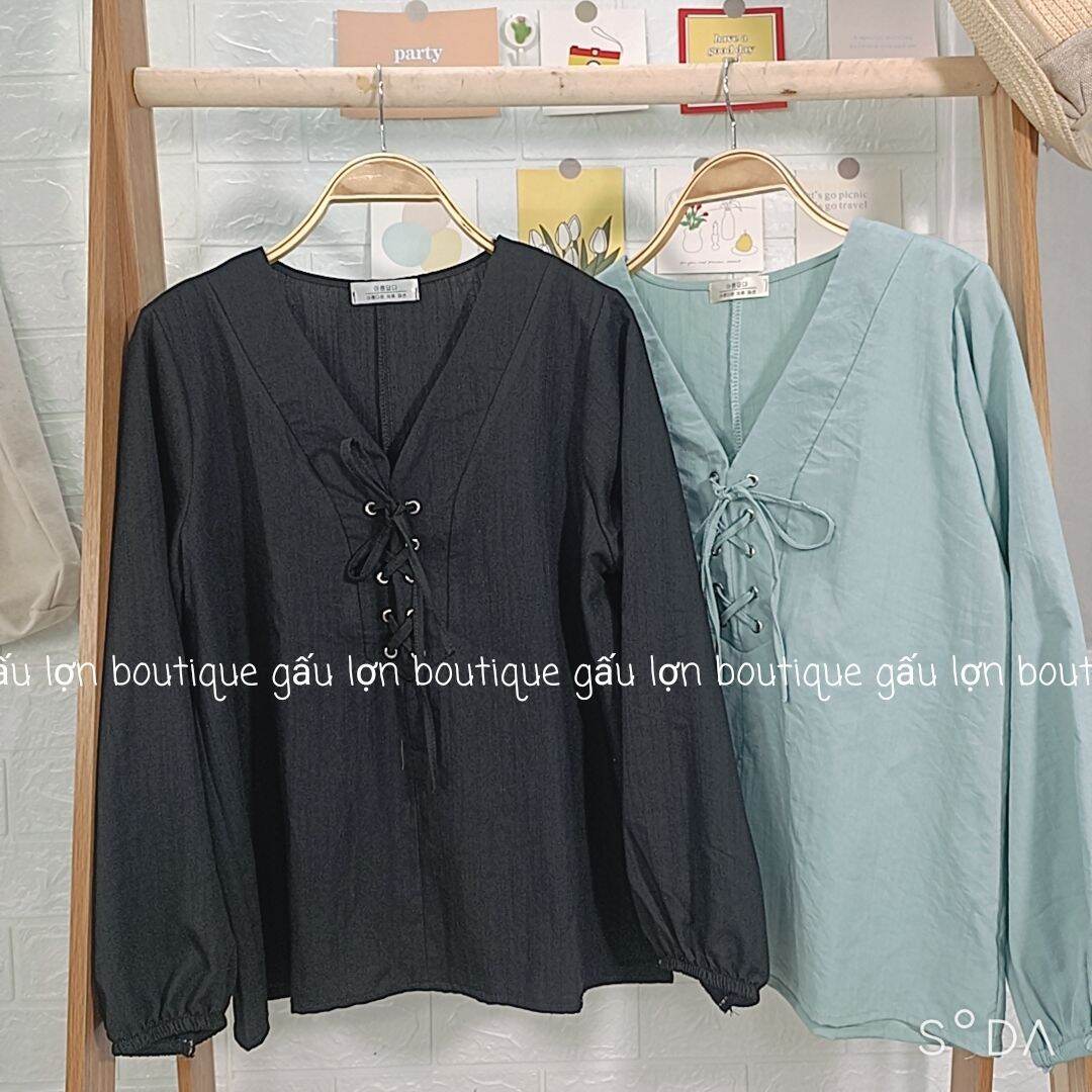 áo sơ mi kiểu cổ v đan dây ngực vintage