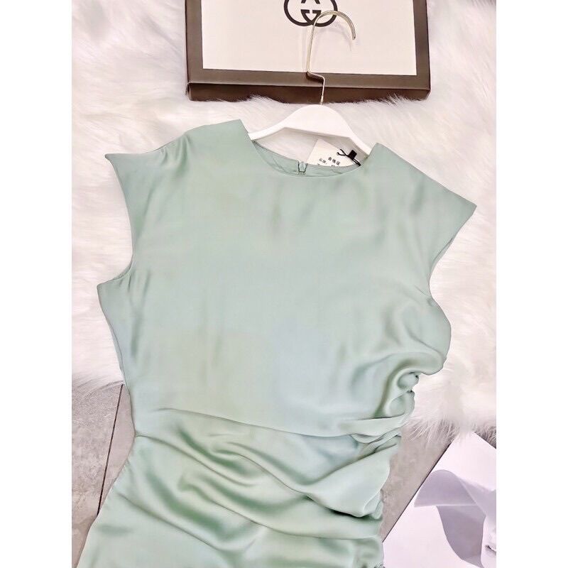 Váy Thiết Kế Lụa, Đầm Thiết Kế Lụa Xanh Mint Tay Hến Rút Sườn Siêu Sang