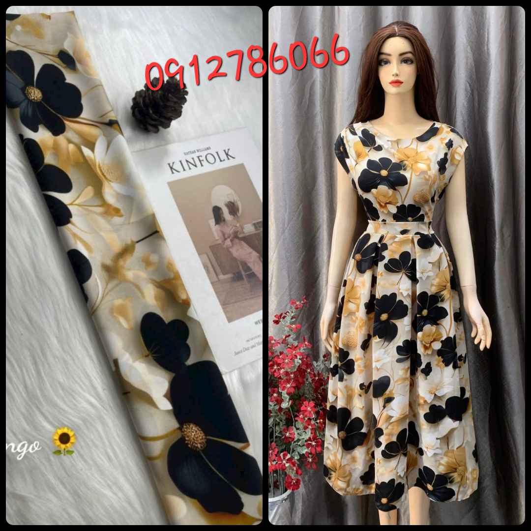 Vải lụa mango 3d nền kem hoa lan đen, đỏ