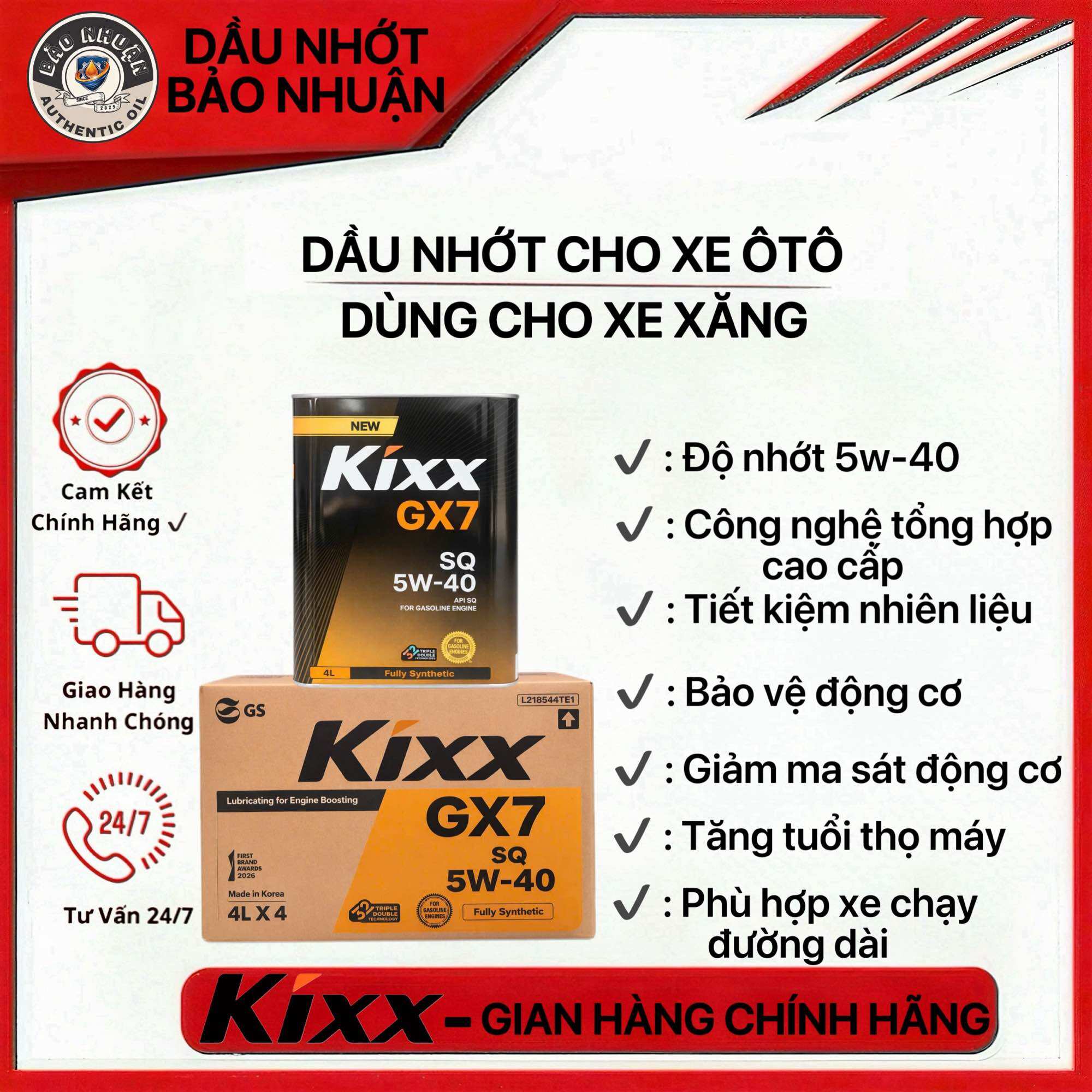 Dầu Nhớt Kixx GX7 SQ 5W-40 (Thiếc 4L) - Dùng Cho Xe Xăng - Bảo Vệ Động Cơ & Tiết Kiệm Nhiên Liệu