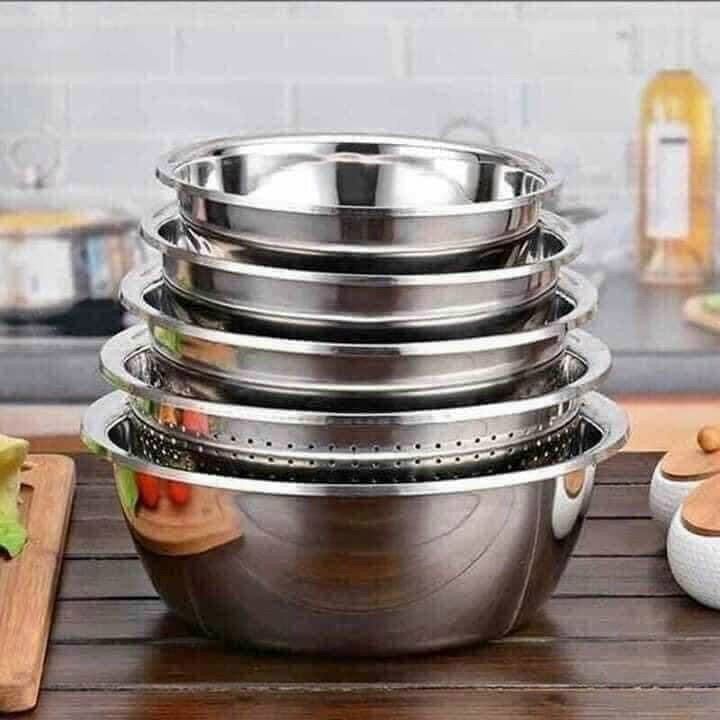 Freeshipmax sét 5 món chậu và rổ inox xuất khẩu