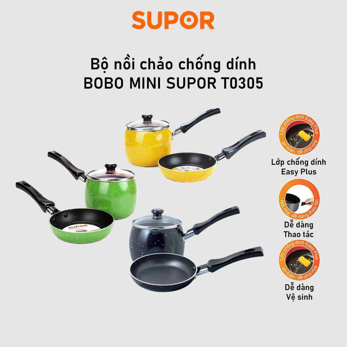 Bộ nồi chống dính Supor Bobo T0305 - Nồi 10cm, Chảo 12cm