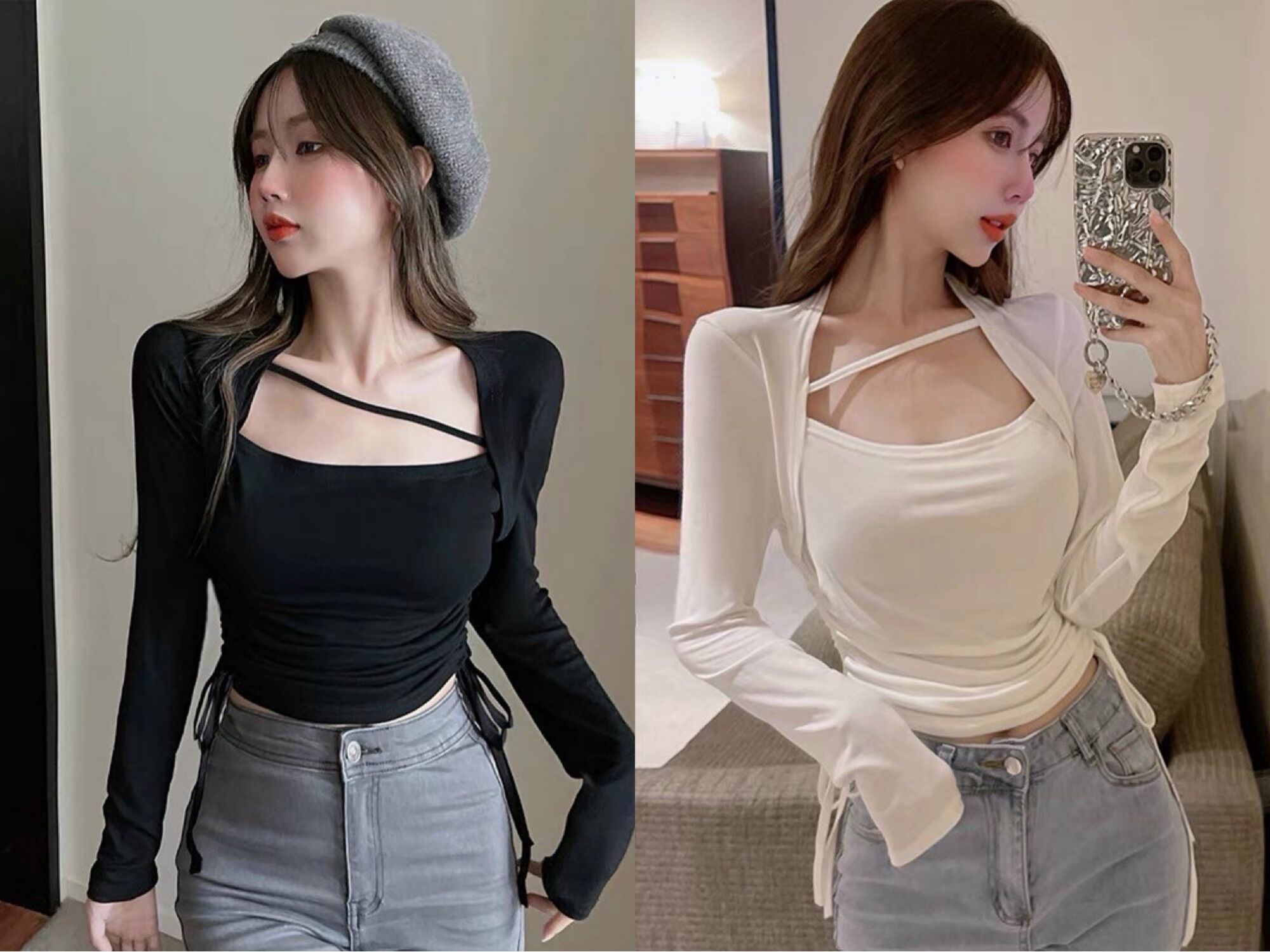 Áo thun body croptop tay dài rút dây hai bên