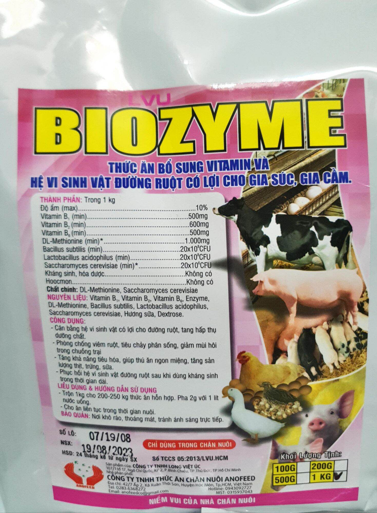 LVU BIOZYME (1kg) - Men tiêu hóa sống chịu kháng sinh, bổ sung vitamin, phòng ngừa tiêu chảy cho gà đá, vịt, heo, bò