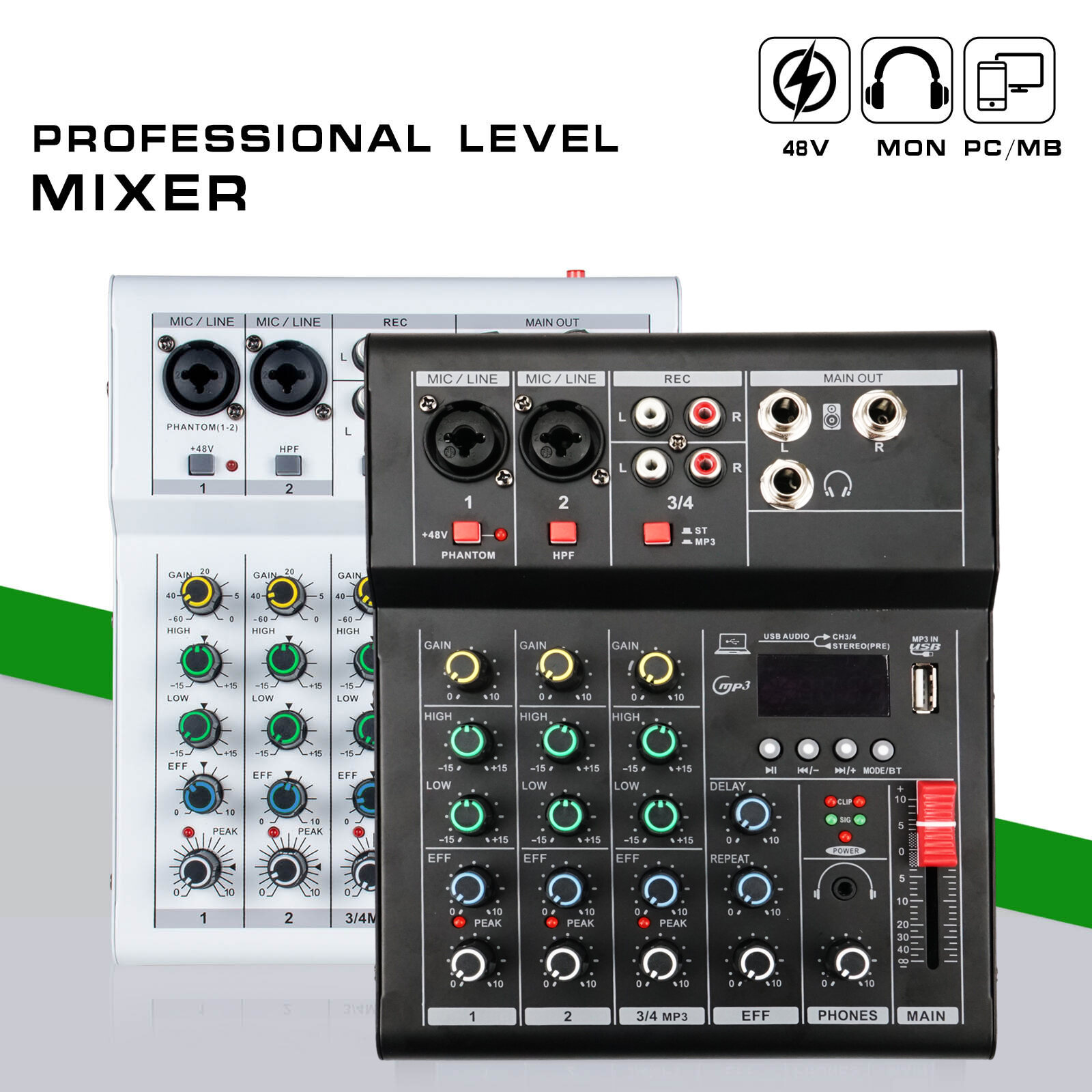 4 kênh 99 DSP âm thanh mixer 48V Phantom Power USB Studio âm thanh máy trộn điện thoại không dây kết nối nhà DJ giao diện điều khiển trộn cho KTV