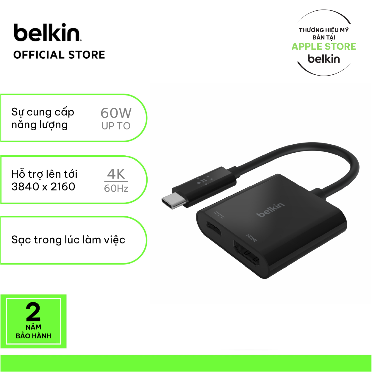 Adapter chuyển đổi Belkin USB Type C sang HDMI hỗ trợ 4K 60Hz, sạc lại PD 60W