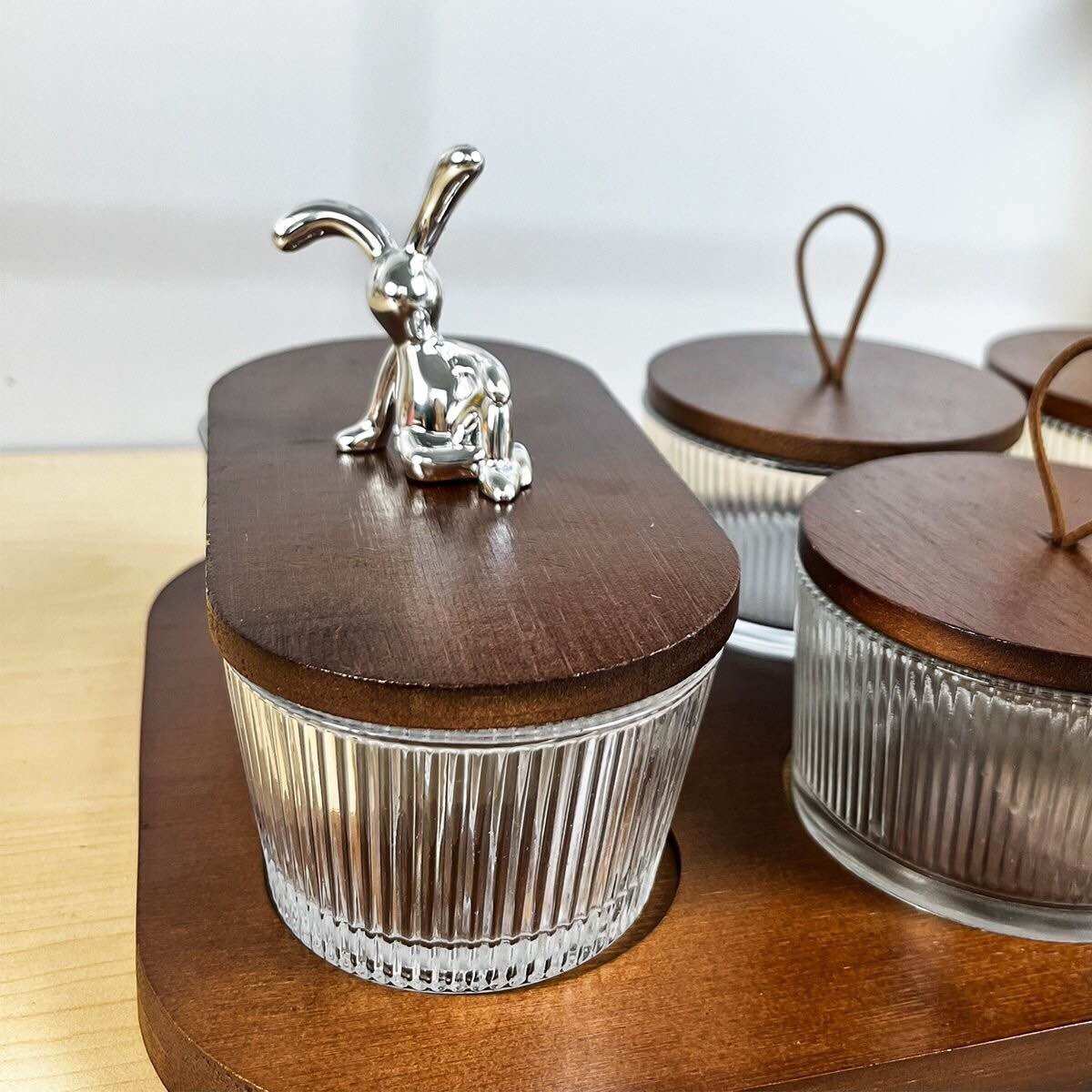 Set 5 món kèm khay thủy tinh đựng đồ mứt nắp gỗ