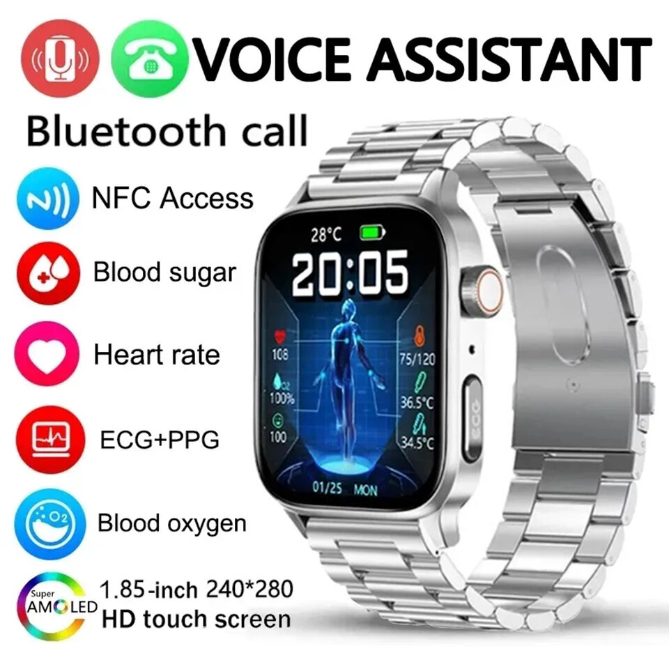 Đồng hồ thông minh nam Smartwatch Theo dõi sức khỏe Chức năng gọi Bluetooth Đường huyết Axit uric Màn hình Dây thép không gỉ
