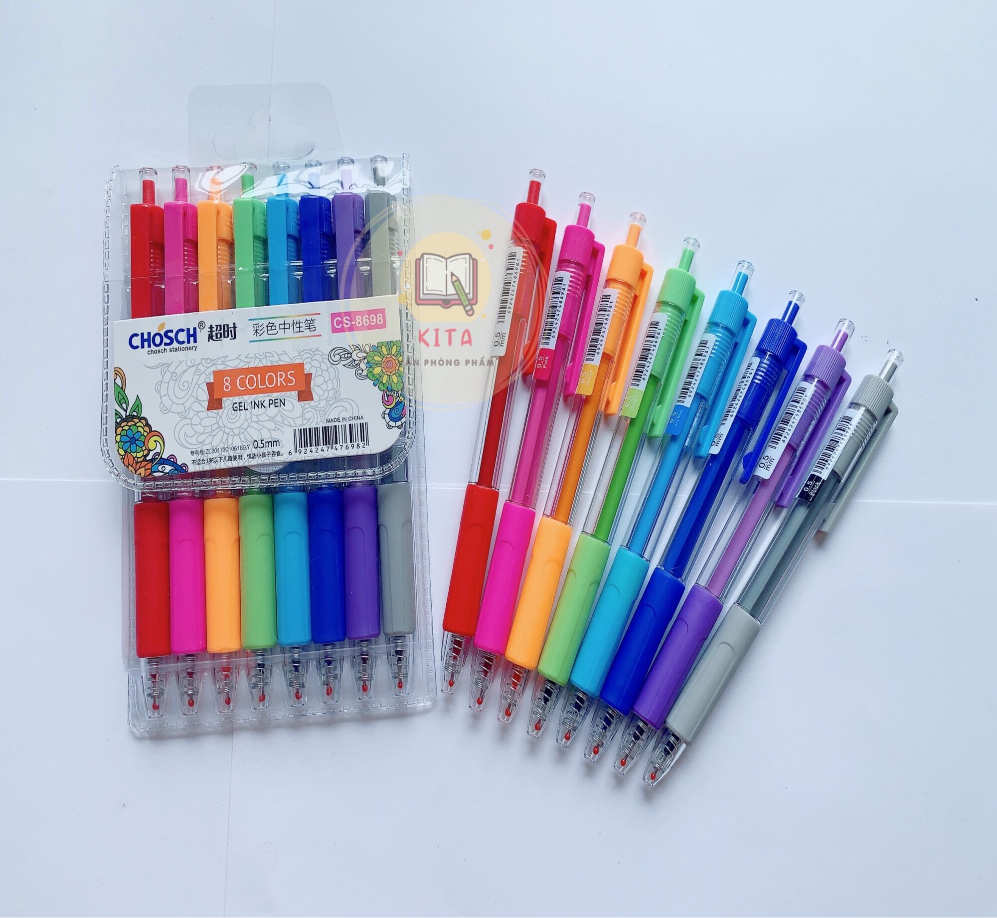 Vỉ 8 cây bút mực dạng bấm chosch 8698 ngòi 0.5mm