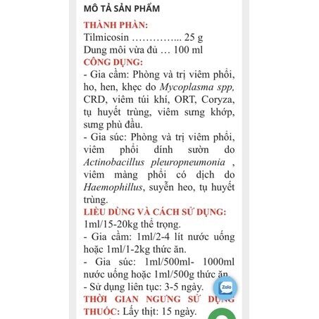Tilmicosin sổ mũi, khò khè, sưng mặt, phù đầu gà đá, chim cảnh 10ml