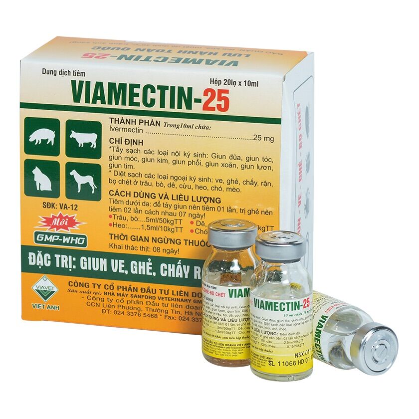 5 lọ VIAMECTIN 25 trị ve ghẻ giun sán chó mèo 10ml