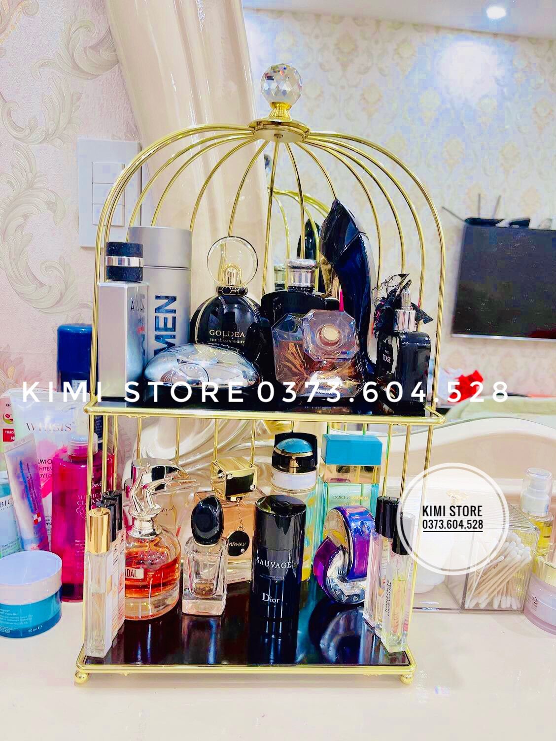 Kệ Lồng Chim 2 Tầng Trưng Nước Hoa Mỹ Phẩm