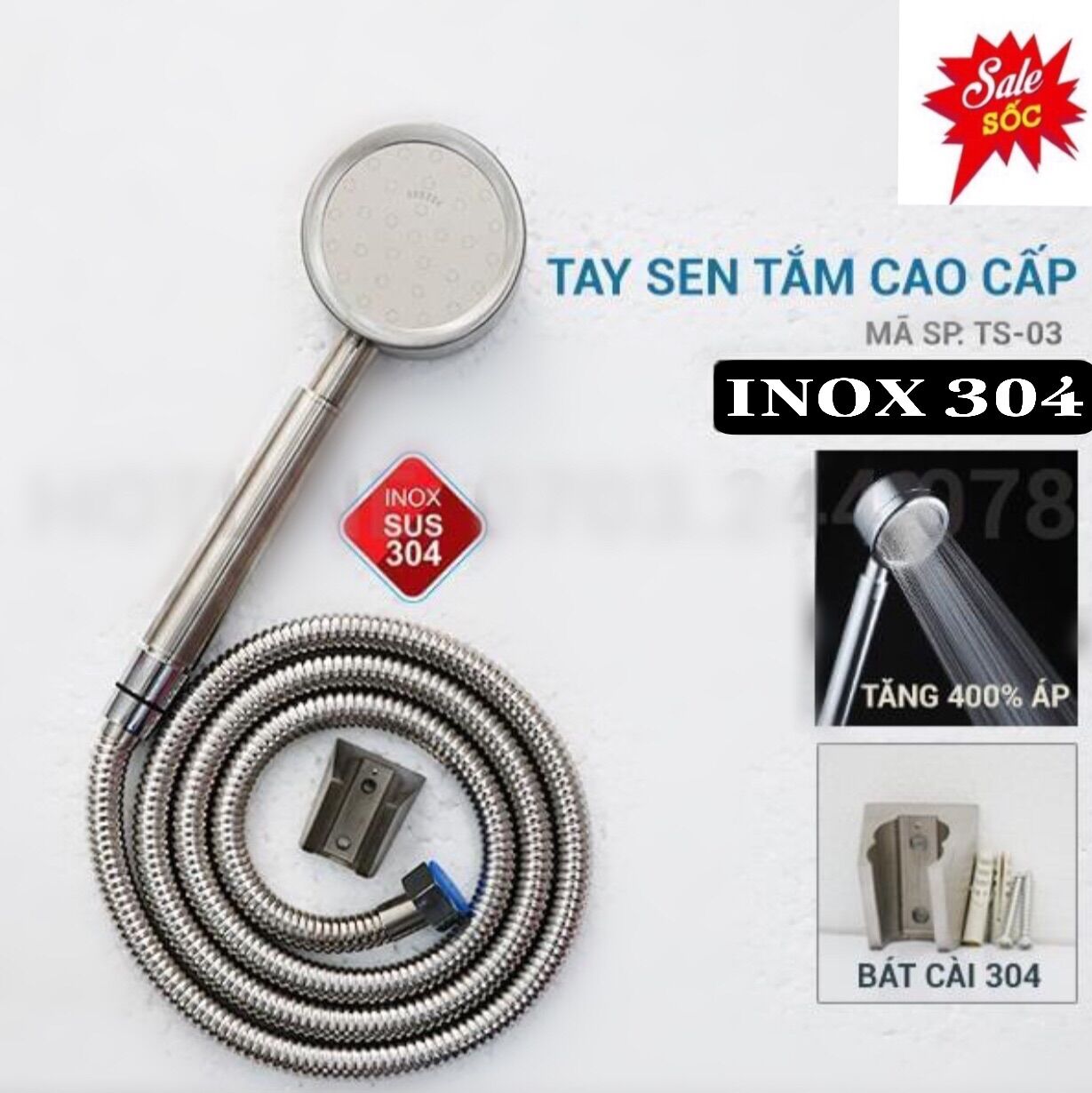 Vòi hoa sen tăng áp inox 304 ( có dây và bát gài)